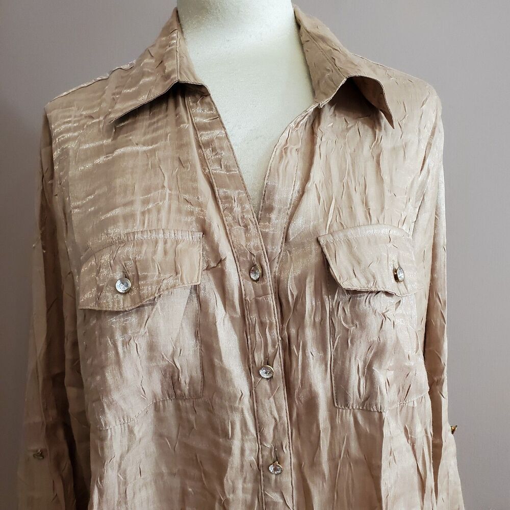Elementz Blouse 1X Beige Shirt Rhinestone Buttons Long Sleeve Metalic Threads